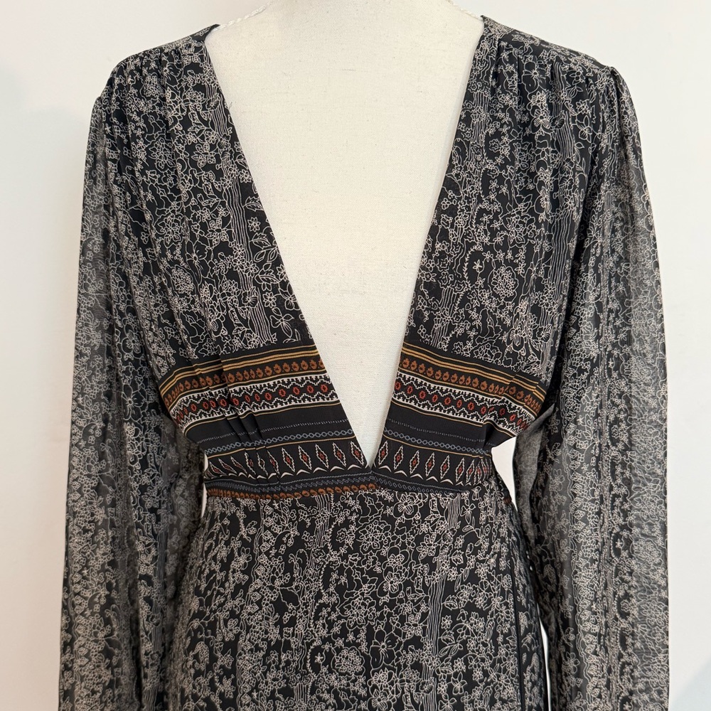 Misa Los Angeles - Wrap Black and Brown Long Sleeve Dress- Size M Boho